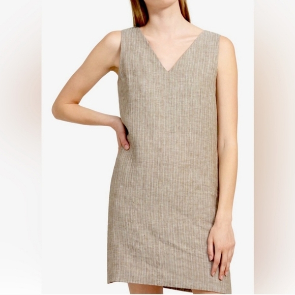 Theory Dress Linen Brown Striped V-Neck Sleeveless Mini Shift Zip Size 4 Neutral - Picture 1 of 7